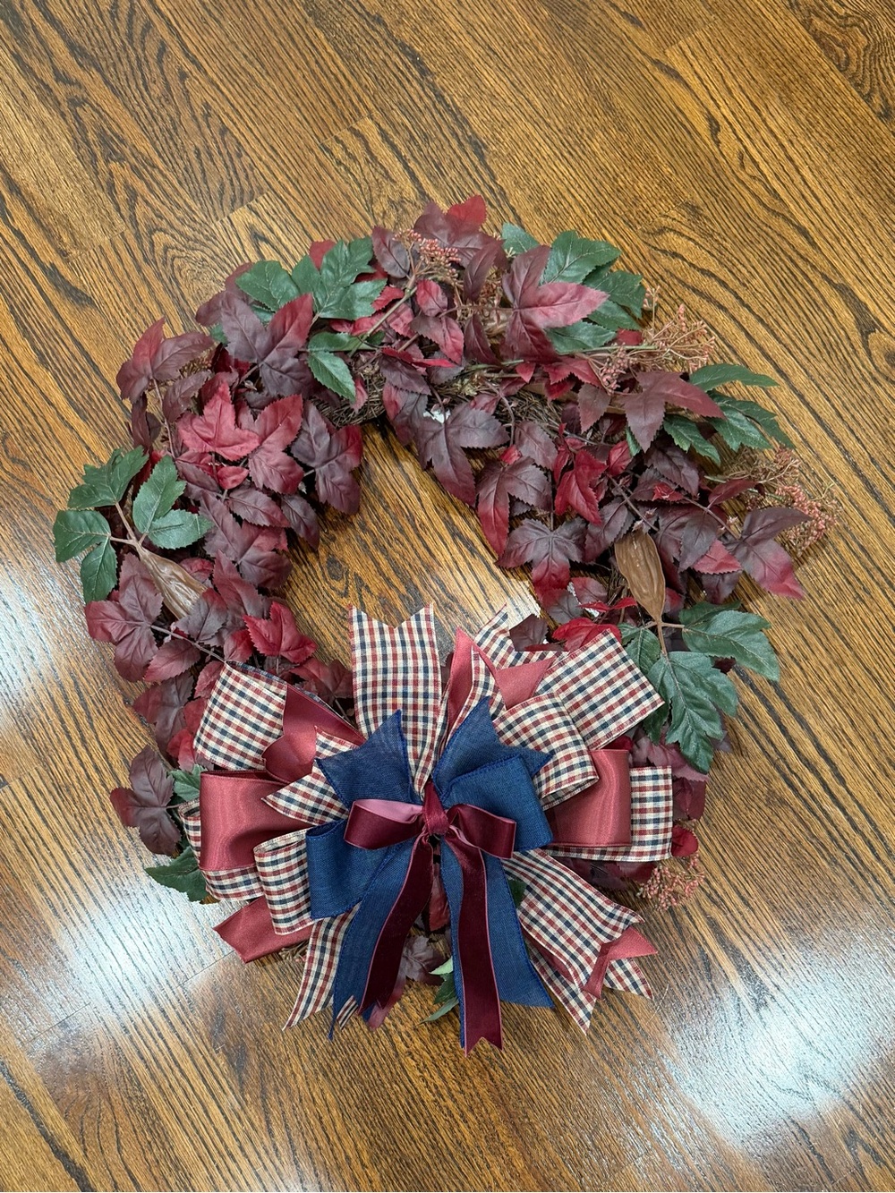 Seasonal Burgundy and Green Wreath with Ribbon Bow